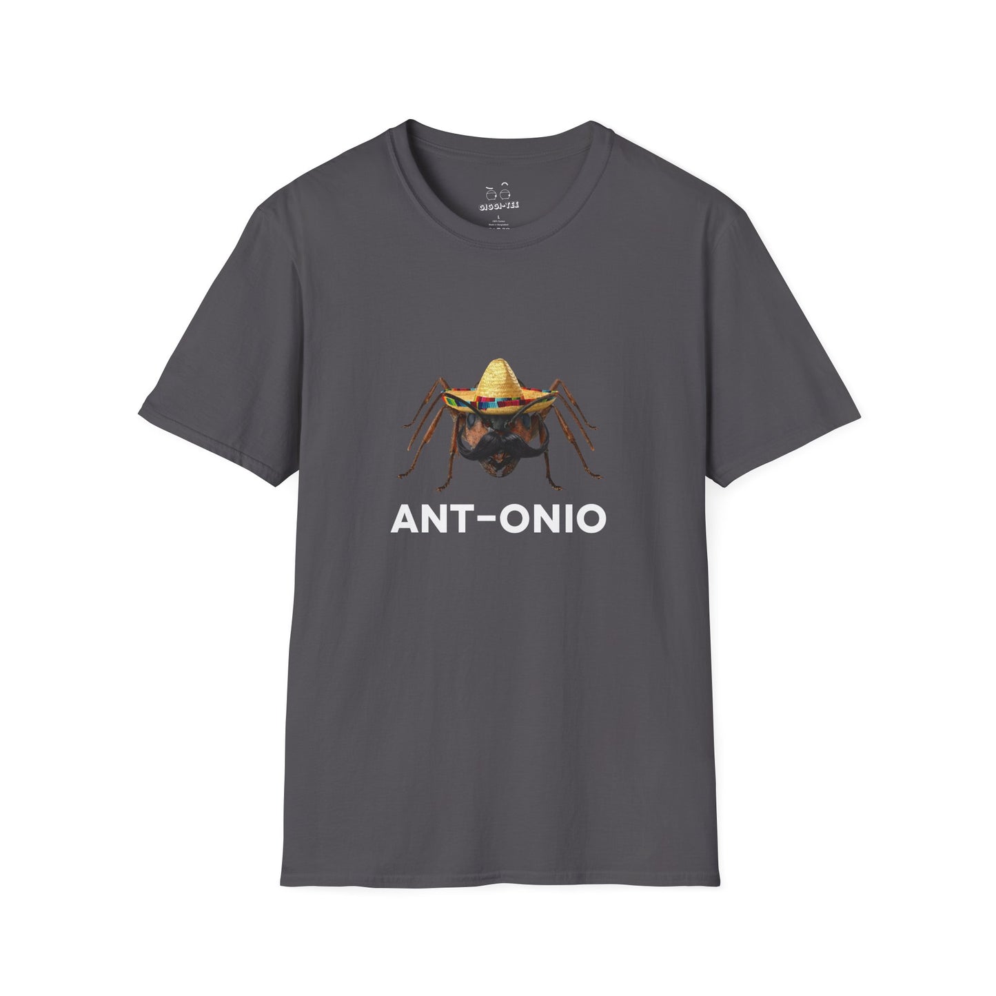 Antonio ant shirt featuring an ant with a big mustache and sombrero. Funny Spanish name pun and animal graphic.