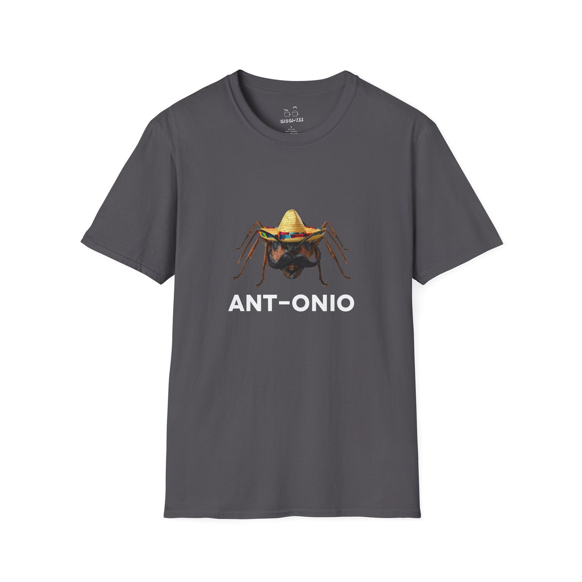 Antonio ant shirt featuring an ant with a big mustache and sombrero. Funny Spanish name pun and animal graphic.