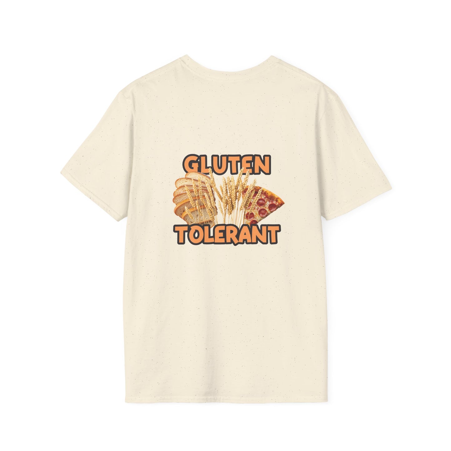 Gluten Tolerant t-shirt featuring wheat, bread, and pizza illustration