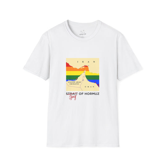 Funny shirt with minimalist vector map of the Strait of Hormuz, Gay of Hormuz with a rainbow Pride flag filling the water between landmasses.