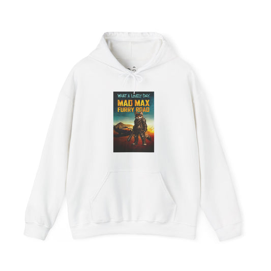 Mad Max Furry Road hoodie design with a furry character parody on a post-apocalyptic movie poster graphic.