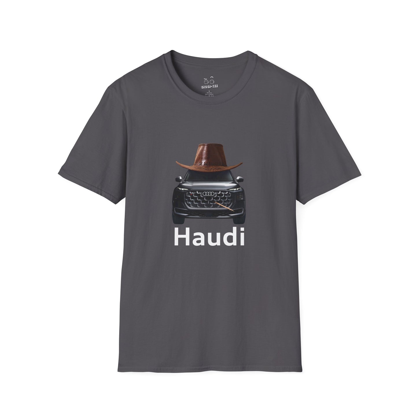 Haudi funny car shirt featuring an Audi with a cowboy hat and toothpick