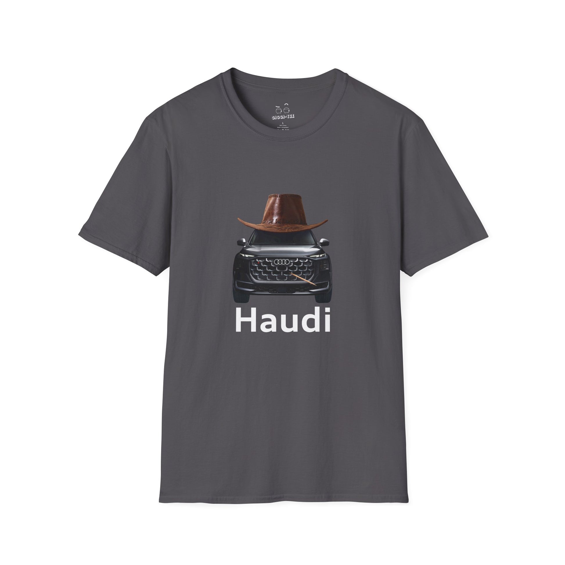 Haudi funny car shirt featuring an Audi with a cowboy hat and toothpick