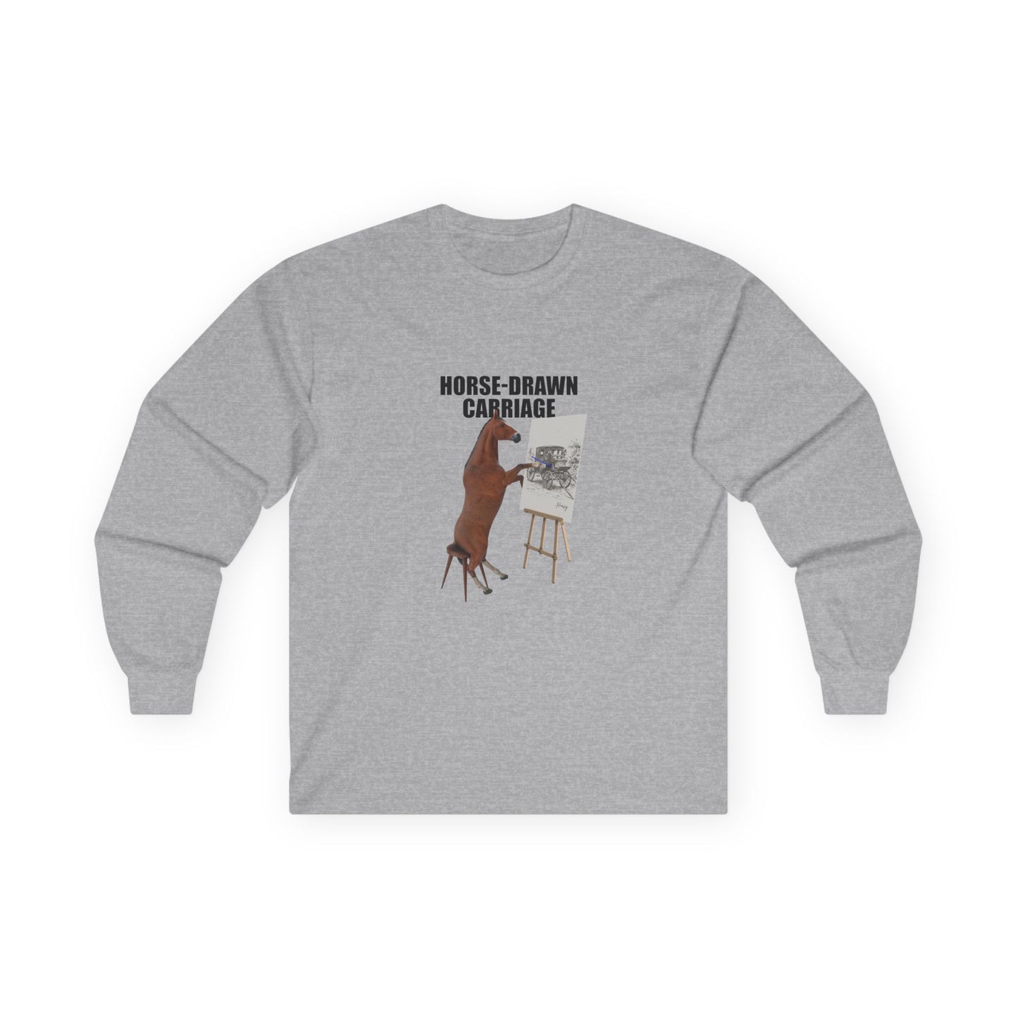 Horse sitting on a stool with a pencil, drawing a carriage on a canvas. Funny visual pun shirt on the phrase 'horse-drawn carriage'.