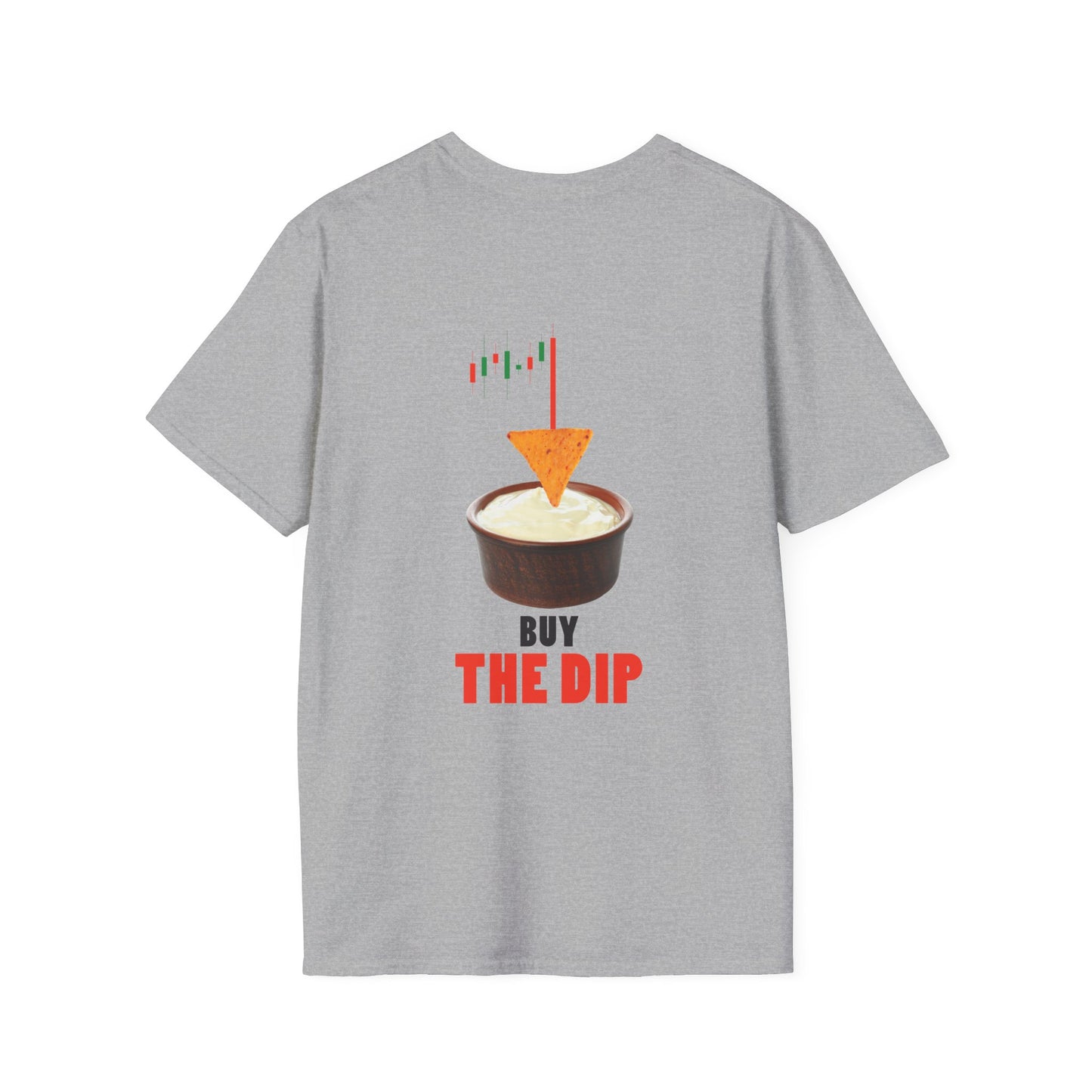 “Buy the Dip back print t-shirt design with nacho chip in dip bowl and candlestick chart, last red candle dropping into the dip.