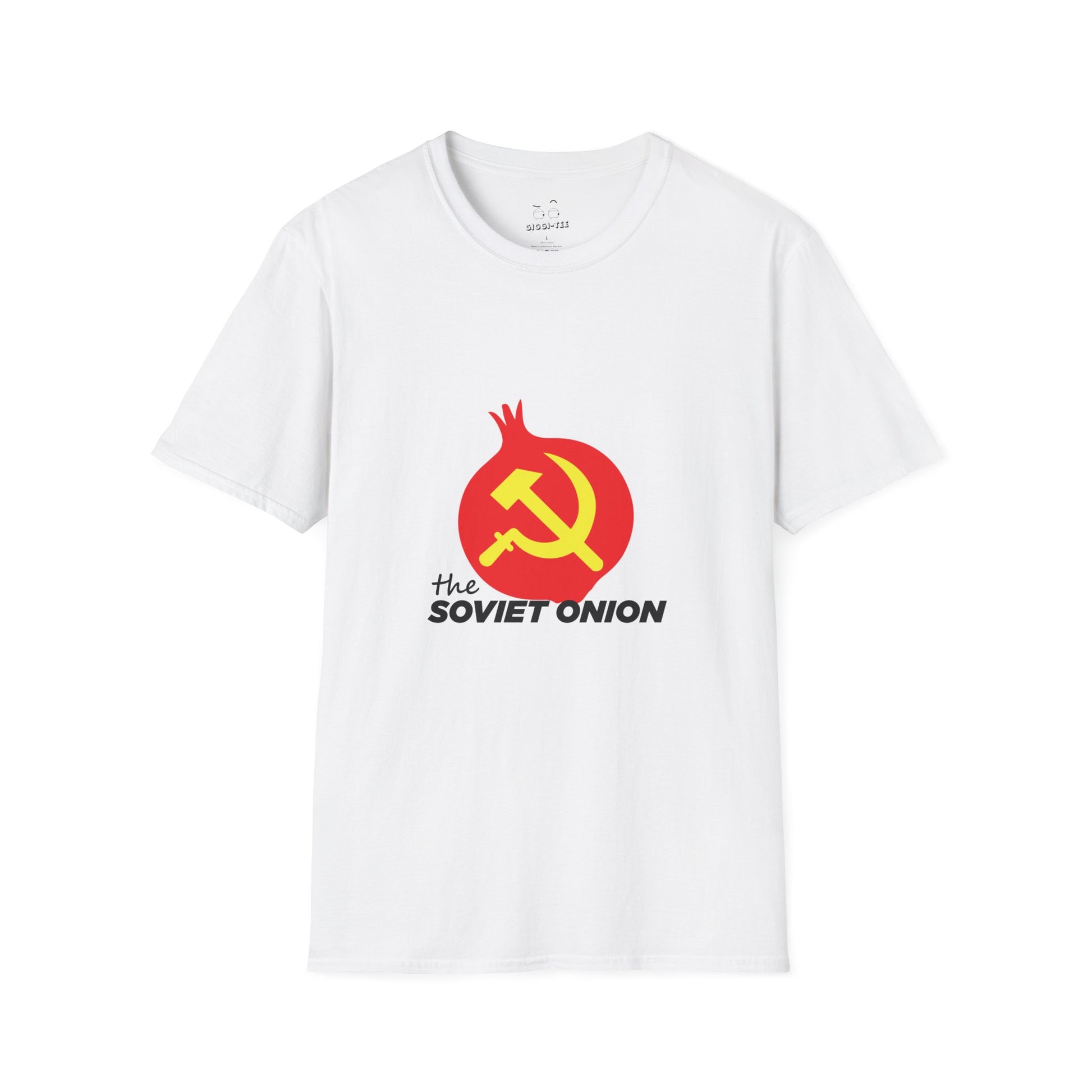 T-shirt with onion styled in Soviet theme, humorous philomena cunk parody design.