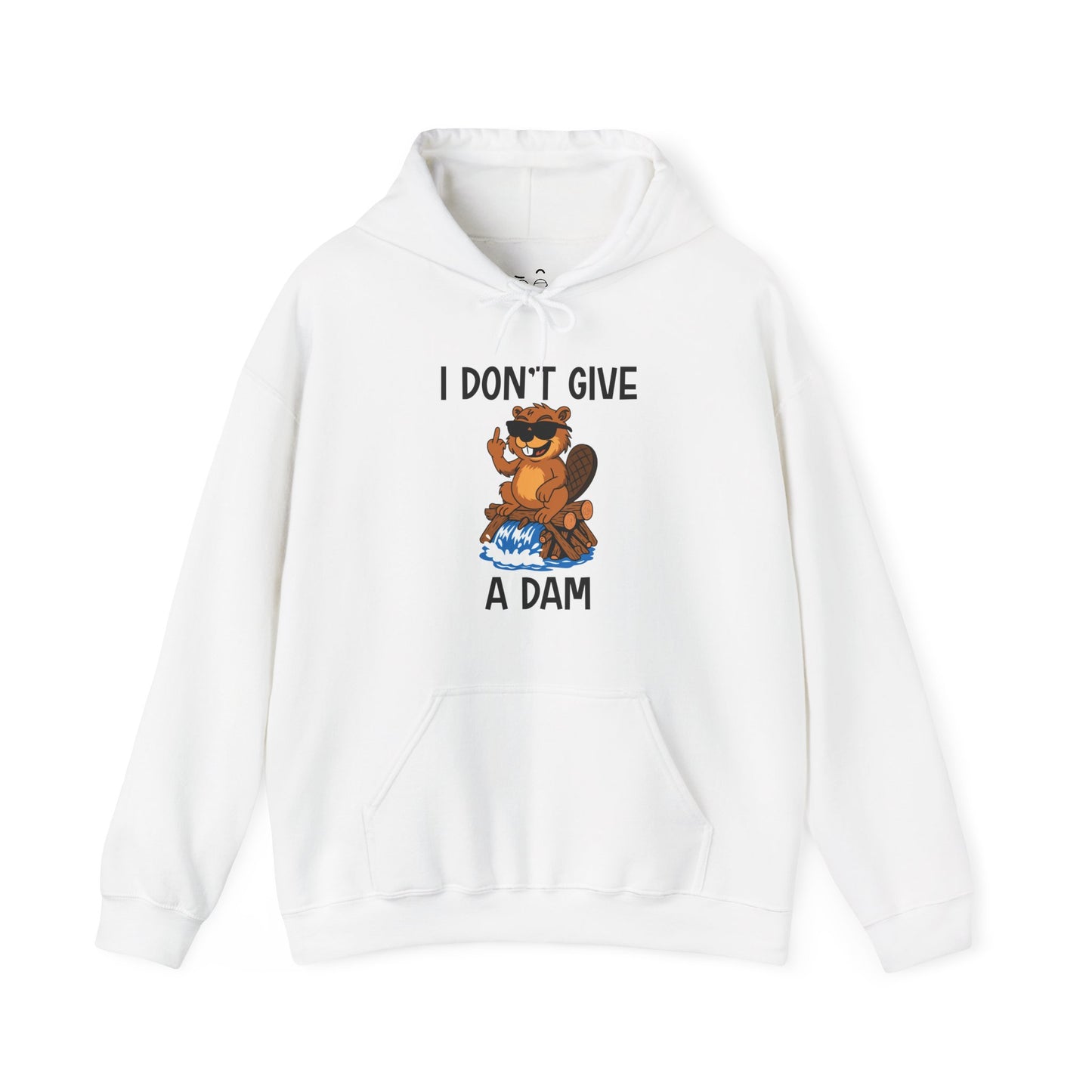 I Don’t Give a Dam hoodie graphic featuring a beaver sitting on a dam and giving the middle finger