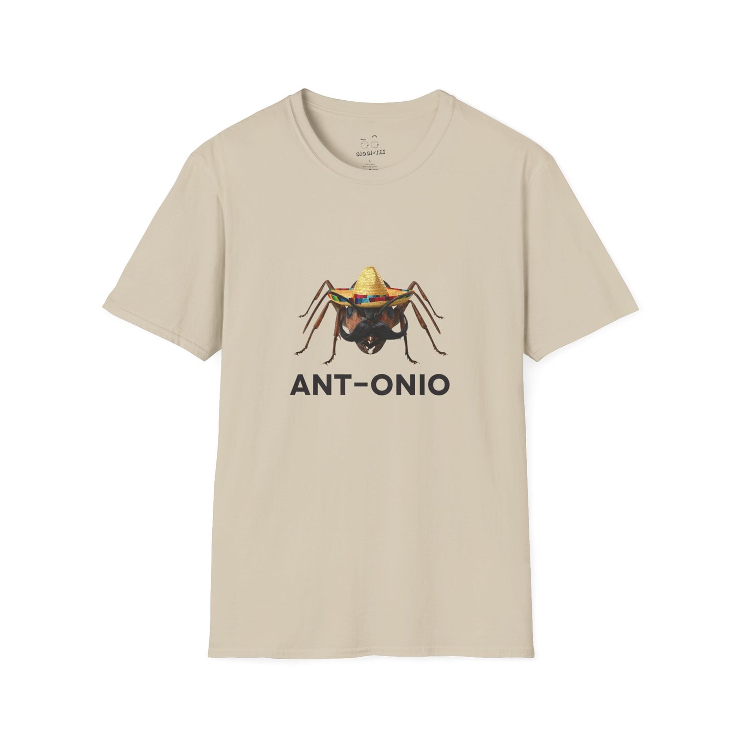 Antonio ant shirt featuring an ant with a big mustache and sombrero. Funny Spanish name pun and animal graphic.