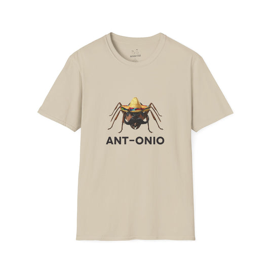 Antonio ant shirt featuring an ant with a big mustache and sombrero. Funny Spanish name pun and animal graphic.