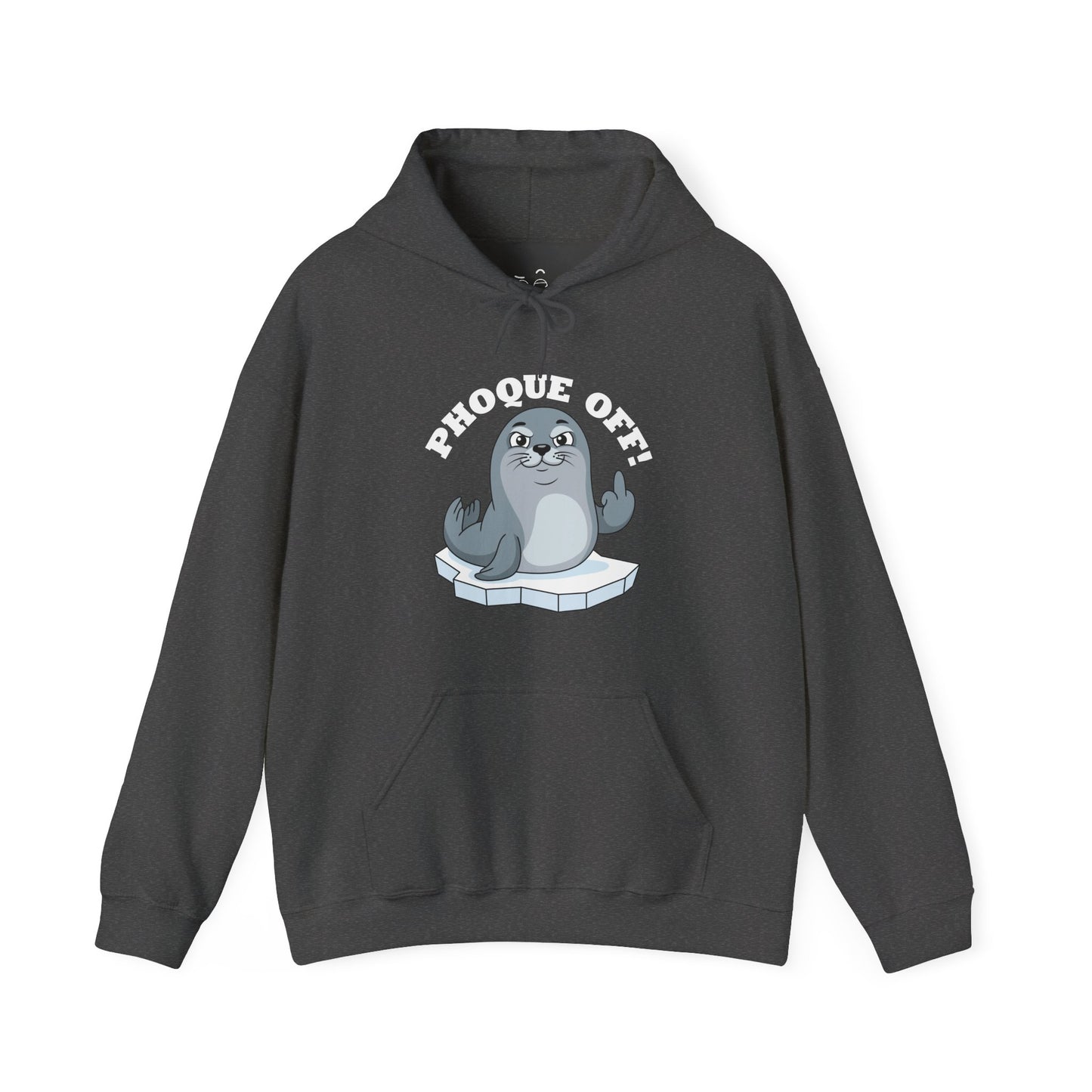 A funny seal wearing a "Phoque Off" design while giving the middle finger on a humorous pun hoodie.
