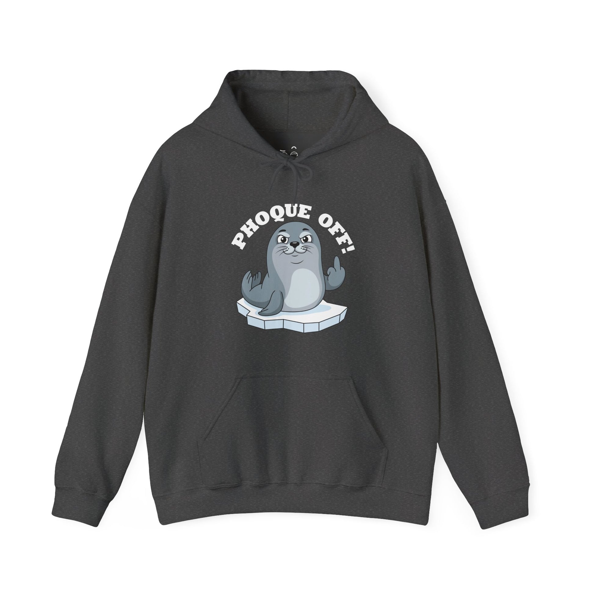 A funny seal wearing a "Phoque Off" design while giving the middle finger on a humorous pun hoodie.