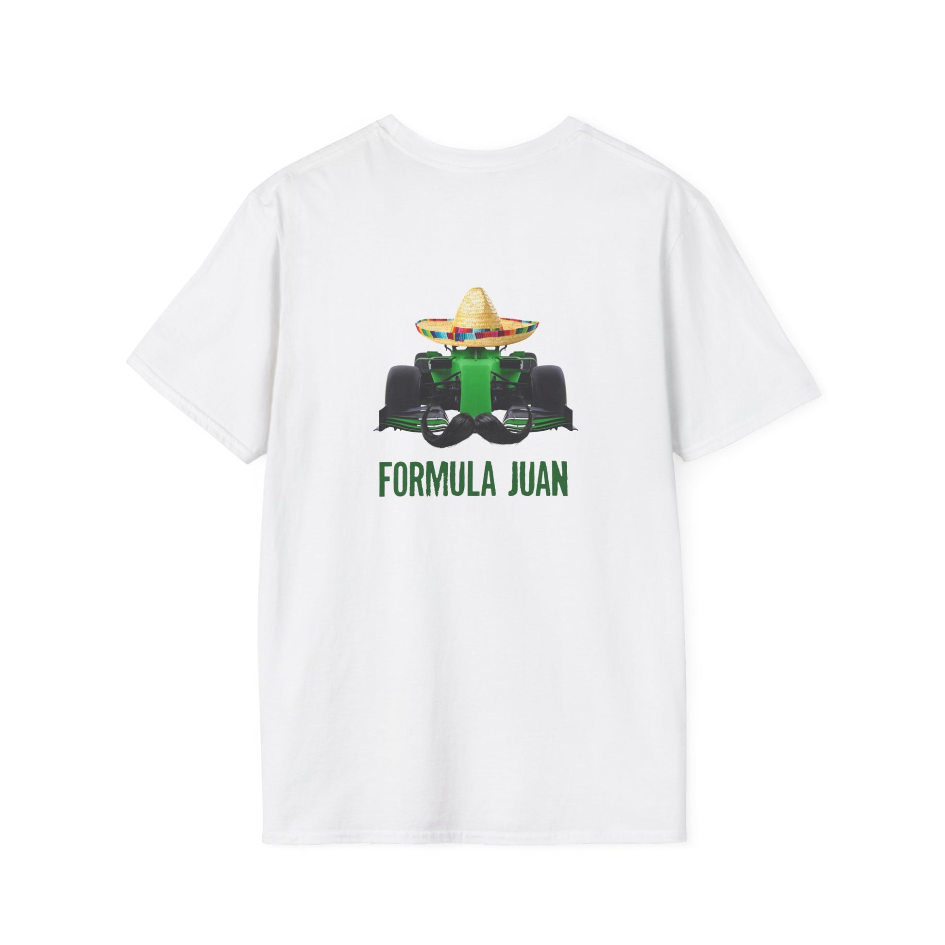 Formula Juan parody back print shirt with a green Formula One race car wearing a sombrero with a Mexican mustache