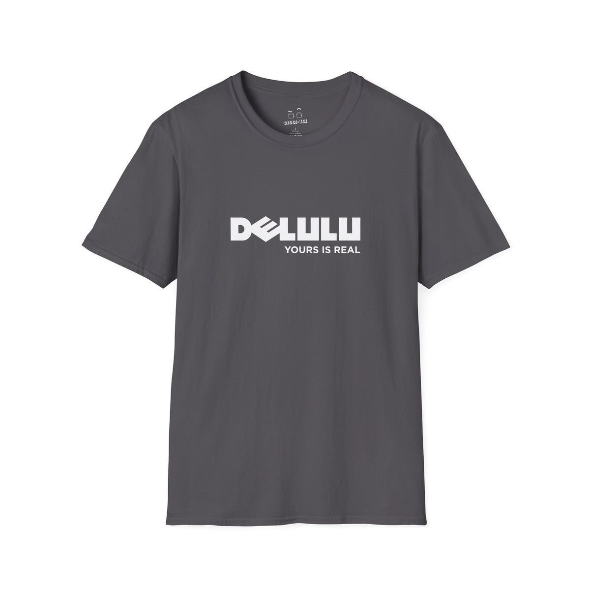Delulu parody t-shirt design with Dell logo transformed into the word ‘Delulu’, nerdy tech humor shirt, laptop and computer fan gift