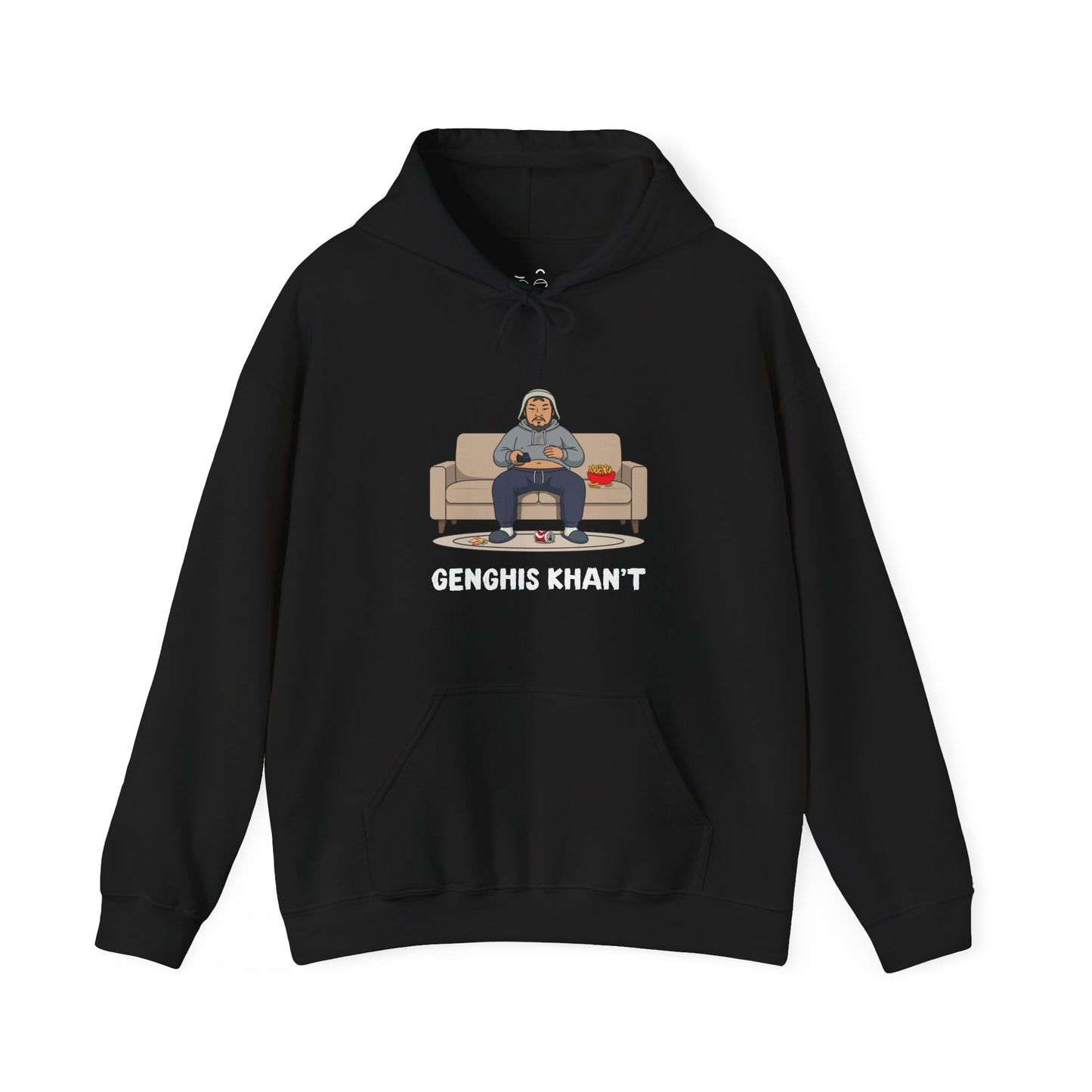 Genghis Khan’t parody hoodie featuring Genghis Khan sitting on a couch in pajamas holding a TV remote