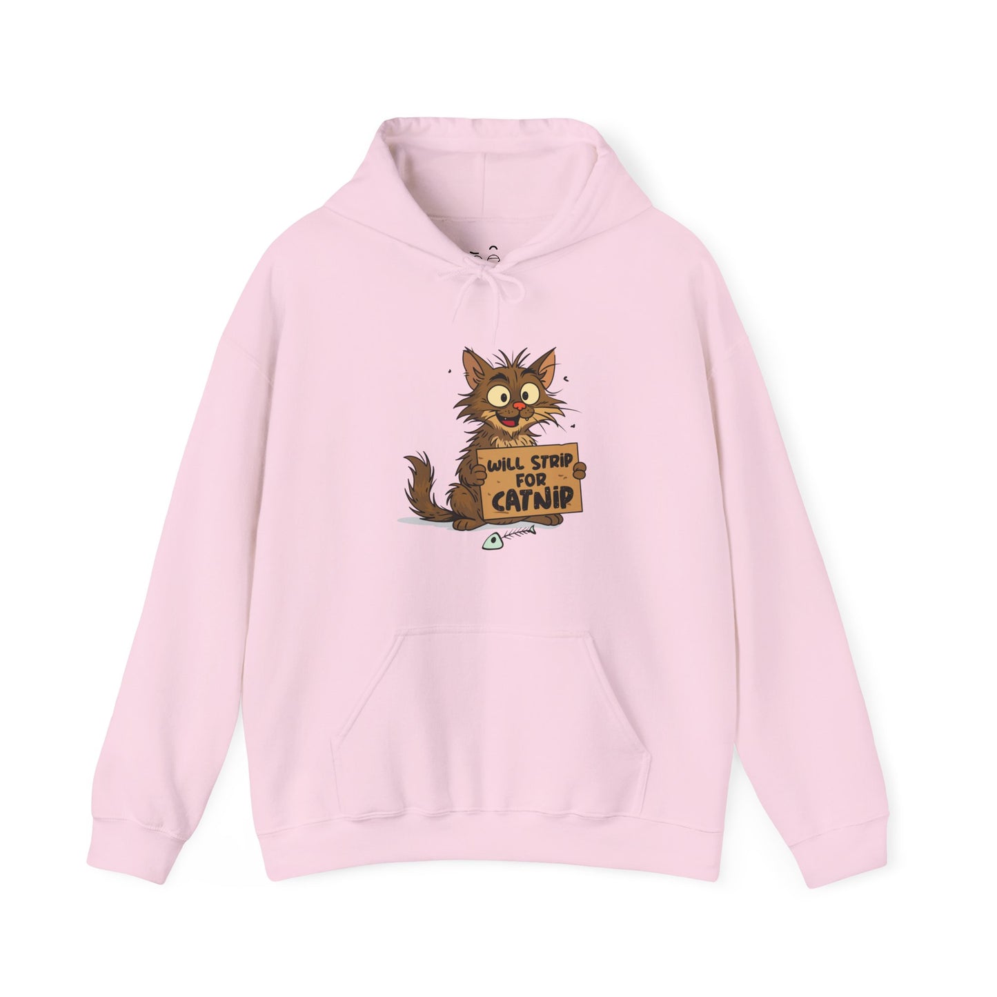 Will Strip for Catnip hoodie featuring a feral street cat holding a cardboard sign asking for catnip