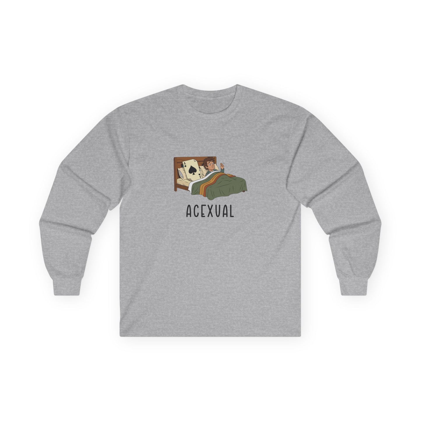 Funny Acexual long sleeve shirt design showing a man lying in bed next to an Ace playing card in a humorous asexual pun illustration.