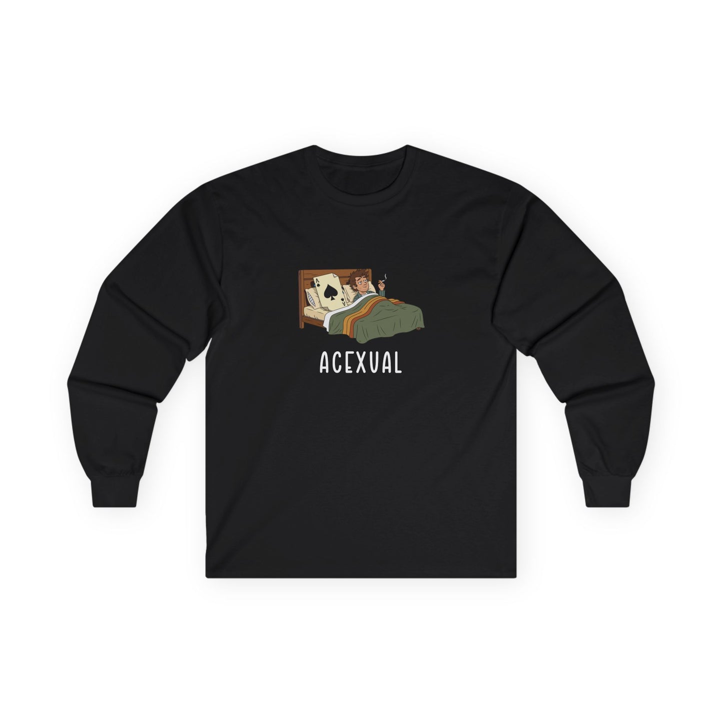 Funny Acexual long sleeve shirt design showing a man lying in bed next to an Ace playing card in a humorous asexual pun illustration.