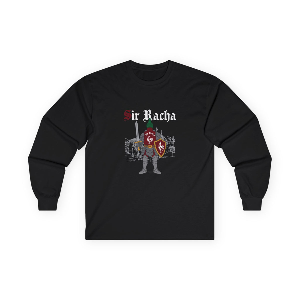Sir Racha funny sriracha bottle dressed as a medieval knight long sleeve shirt
