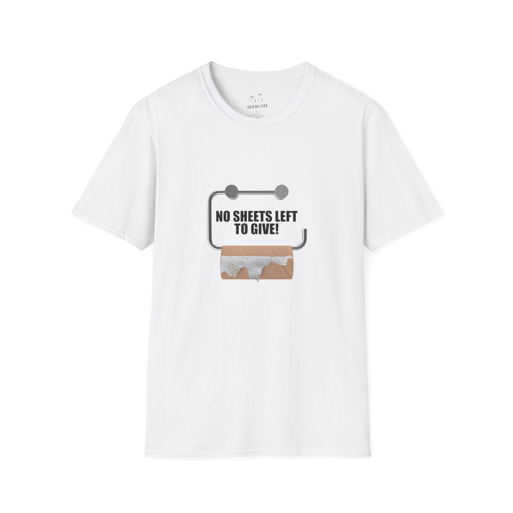 T-shirt graphic of an empty cardboard toilet paper roll with one shred hanging off, a pun on "no shits left to give."