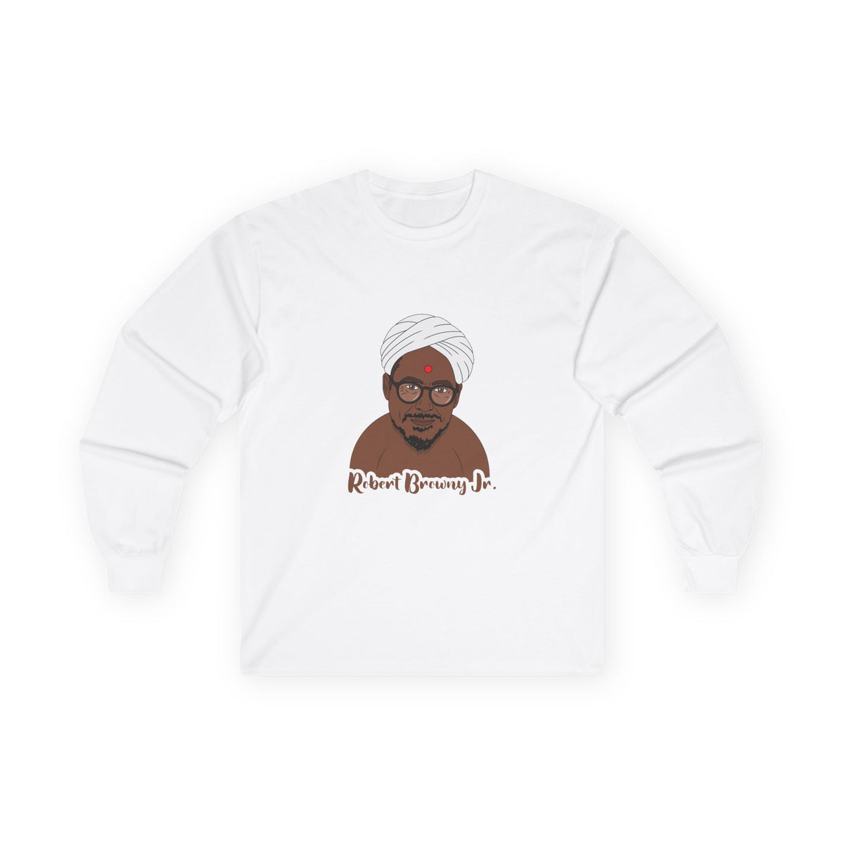 Parody shirt design featuring a comic illustration of Robert Downey Jr. as an Indian man wearing a white turban and bindi, with the text 'Robert Browny Jr.' underneath.