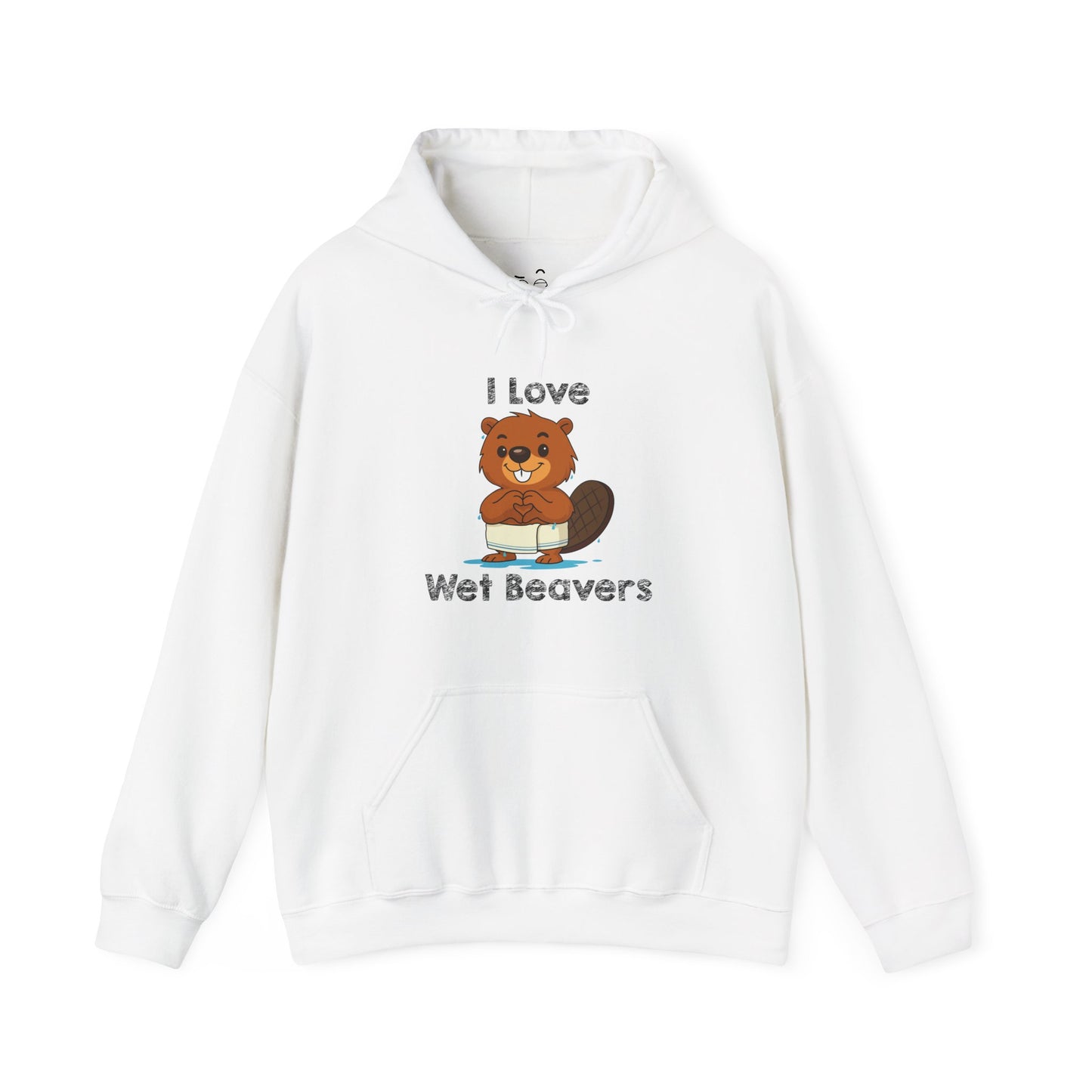 I Love Wet Beavers hoodie graphic featuring a dripping wet beaver with towel around its waist making a heart sign