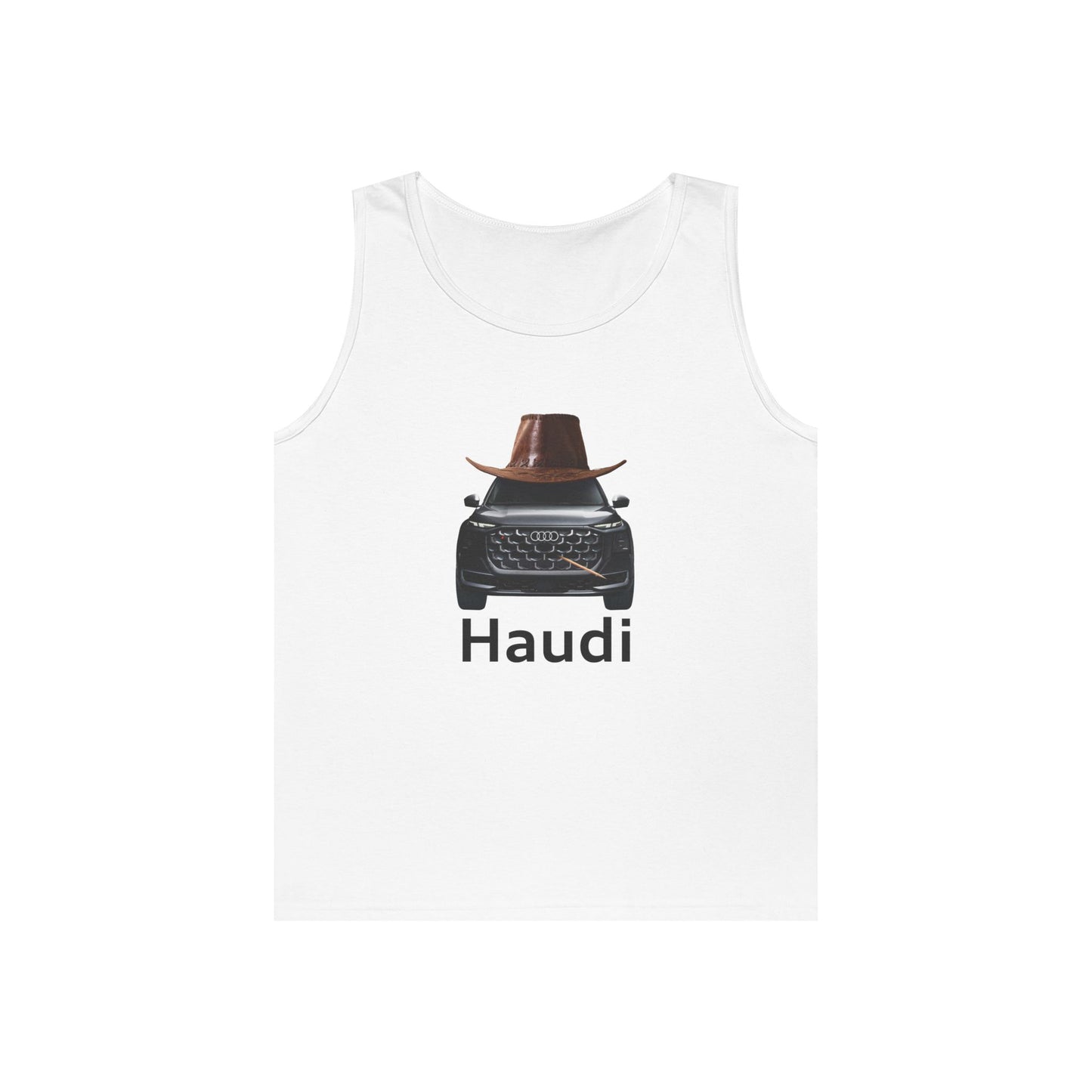 Haudi funny car tank top featuring an Audi wearing a cowboy hat and toothpick