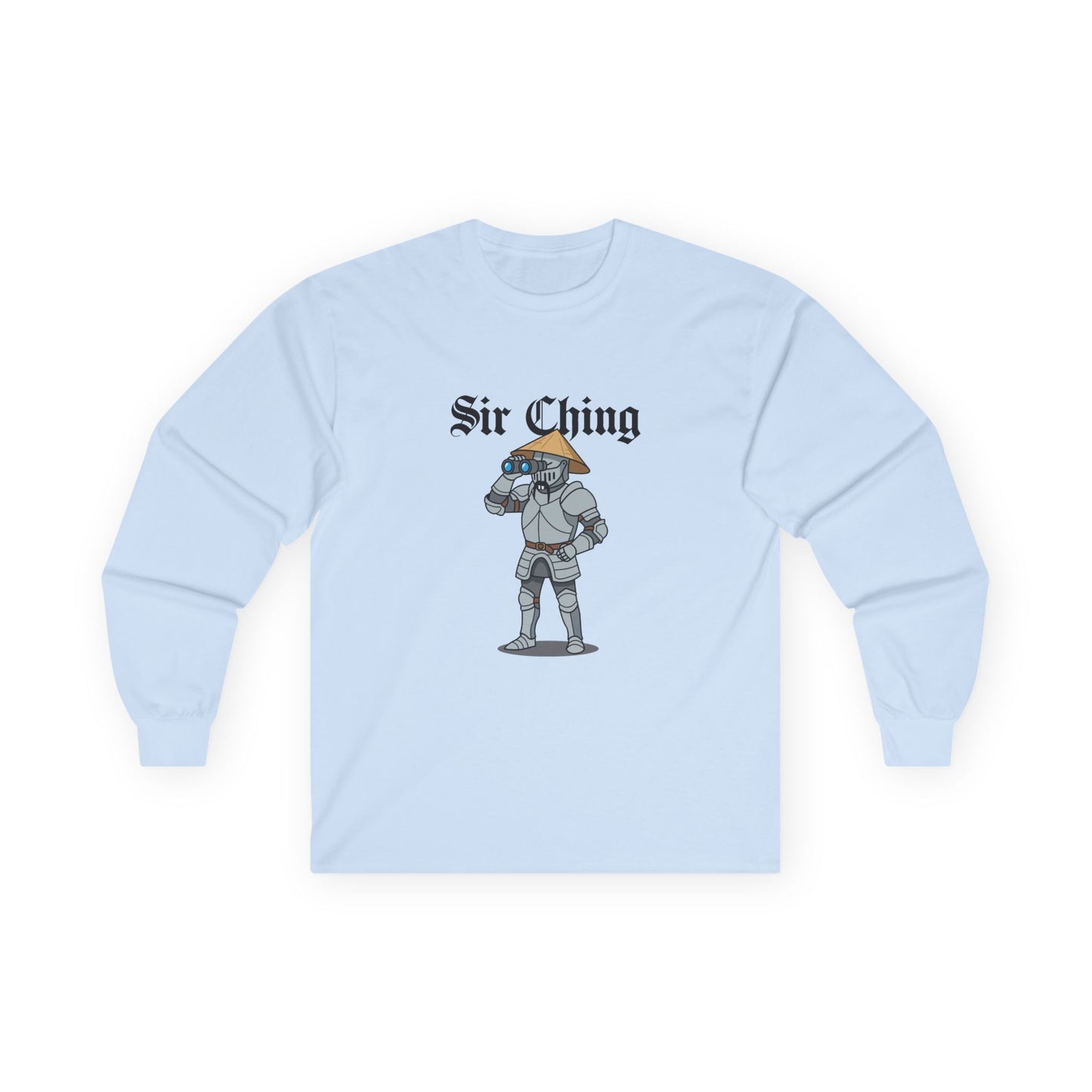 Sir Ching funny knight graphic shirt showing a goofy Asian-inspired medieval knight in shining armor searching with binoculars, wearing a cone hat and buck teeth.