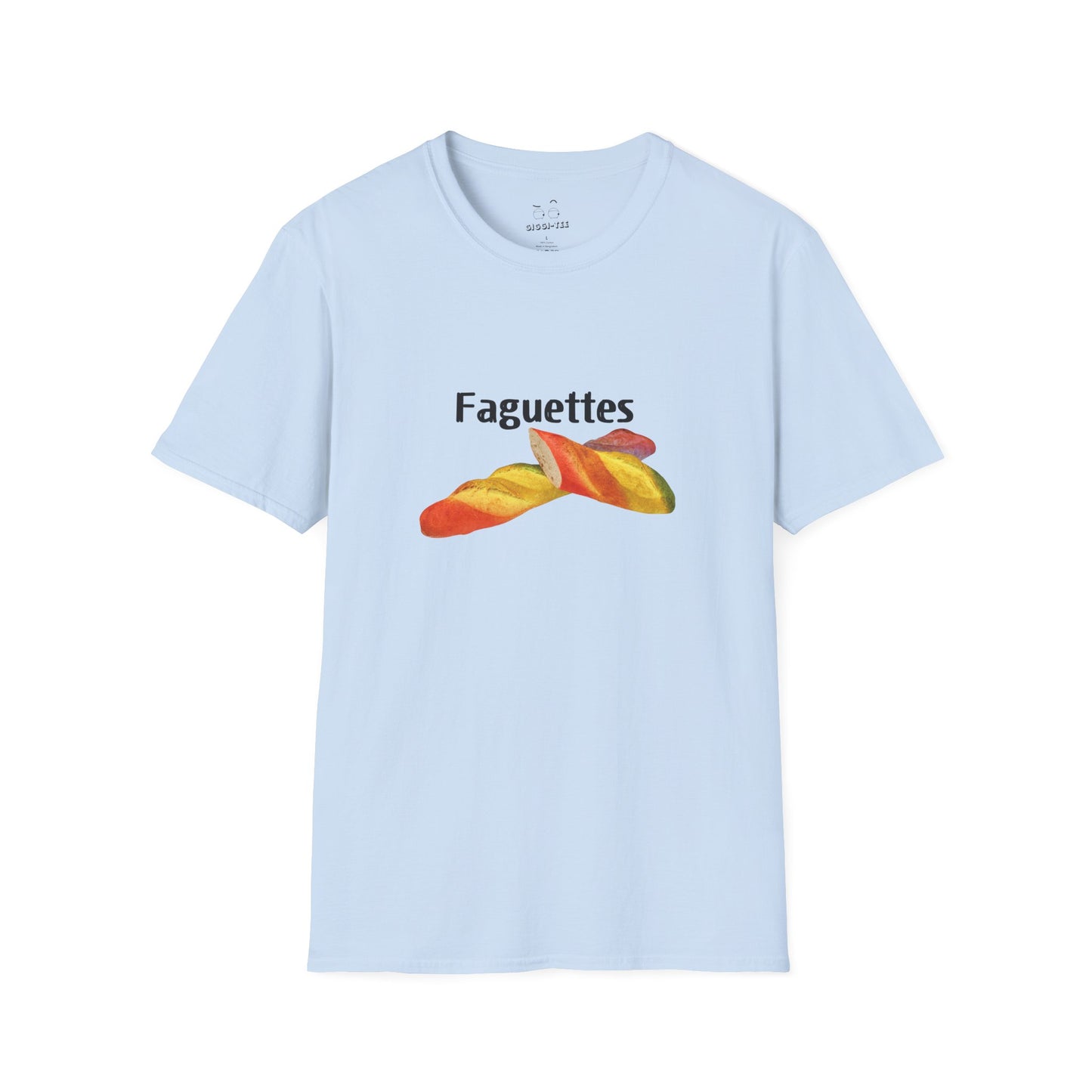 Funny rainbow baguette graphic on a unisex t-shirt featuring the parody design “Faguettes” with colorful pride-inspired artwork.