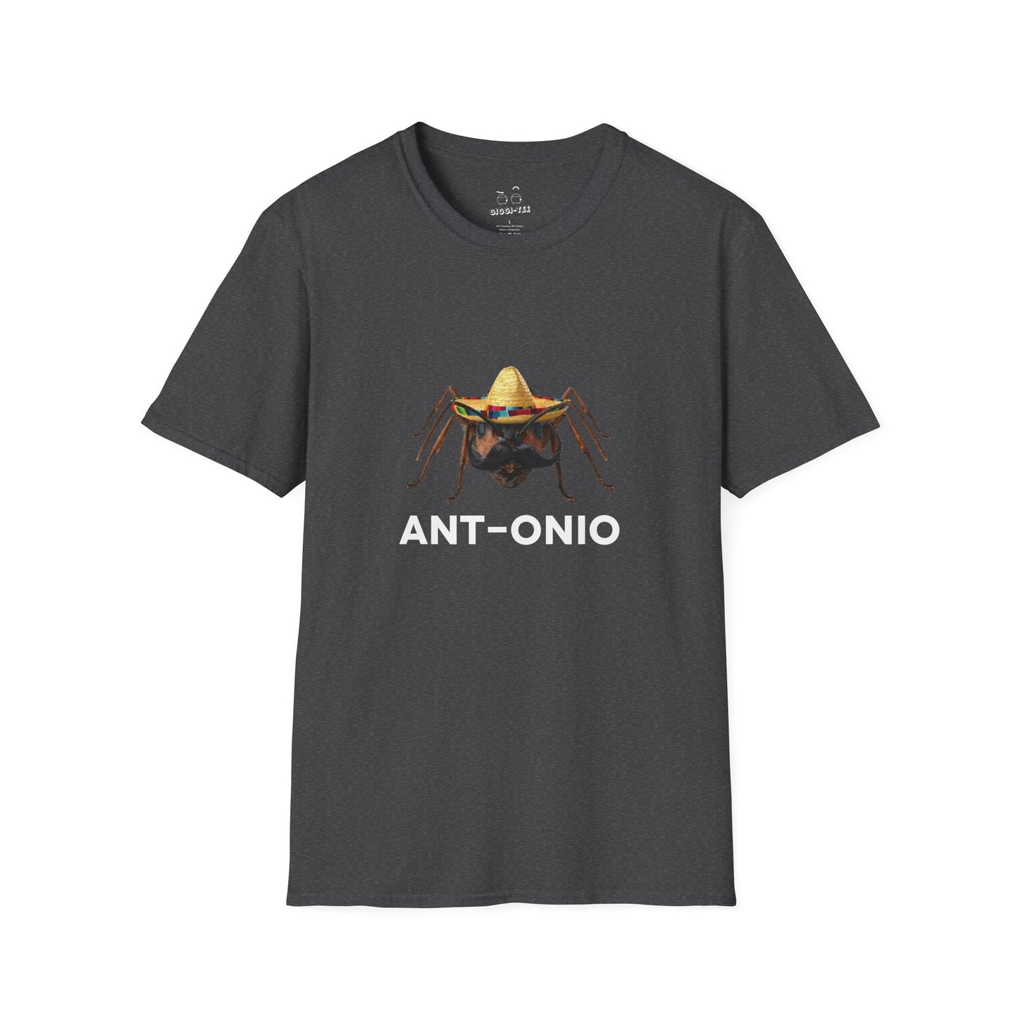 Antonio ant shirt featuring an ant with a big mustache and sombrero. Funny Spanish name pun and animal graphic.