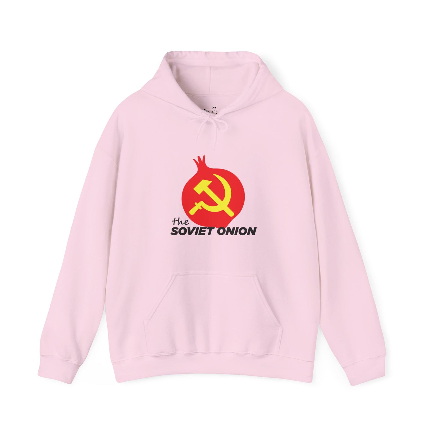 The Soviet Onion parody hoodie featuring a red vector-style onion with Soviet-inspired symbol design