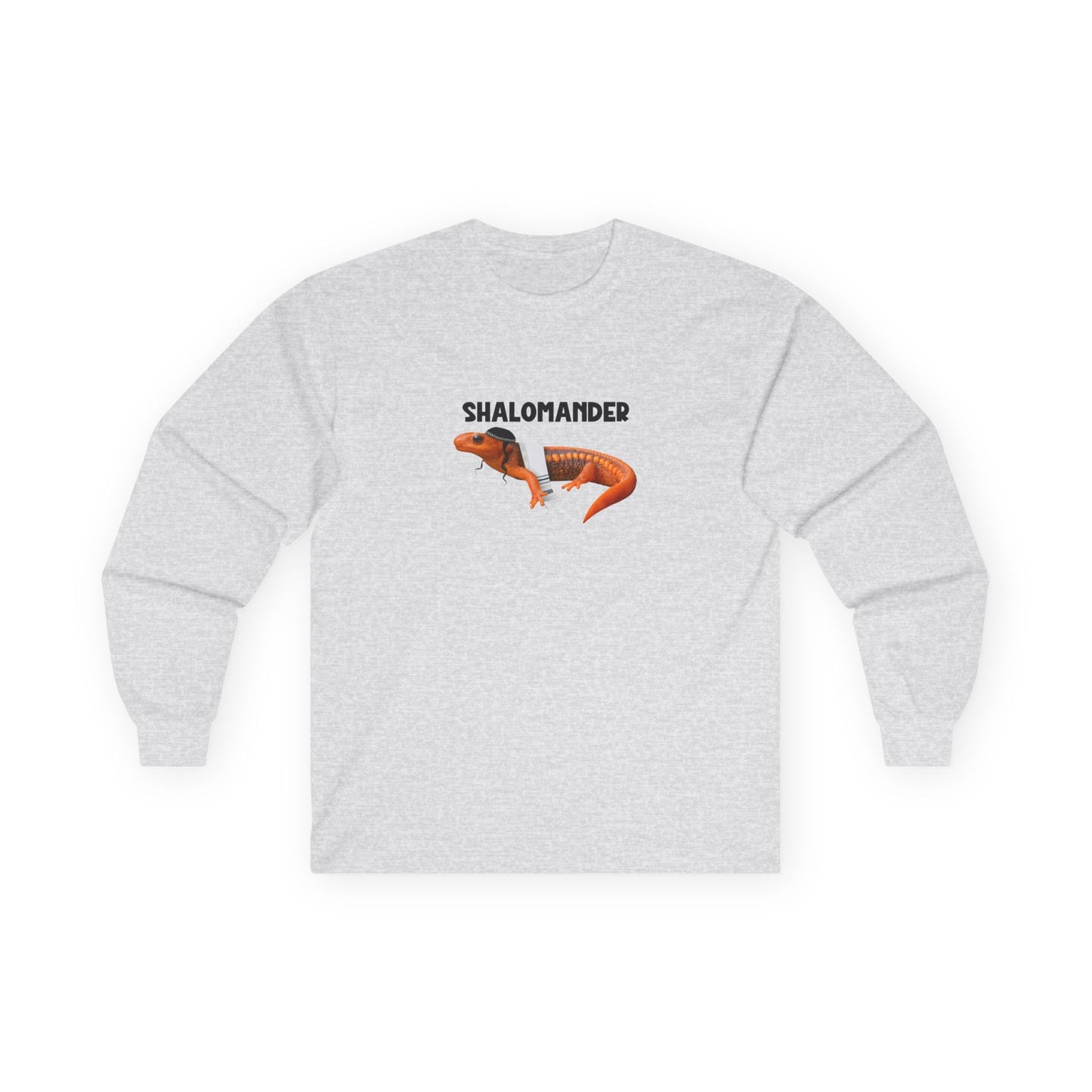 Shalomander: Funny Jewish pun long sleeve shirt featuring a salamander wearing a tallit prayer shawl, kippah, and payot.