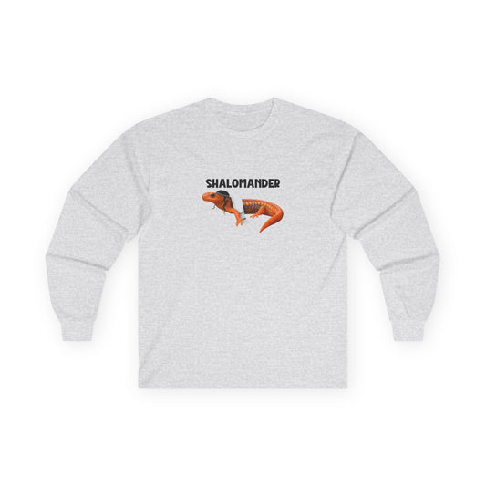 Shalomander: Funny Jewish pun long sleeve shirt featuring a salamander wearing a tallit prayer shawl, kippah, and payot.