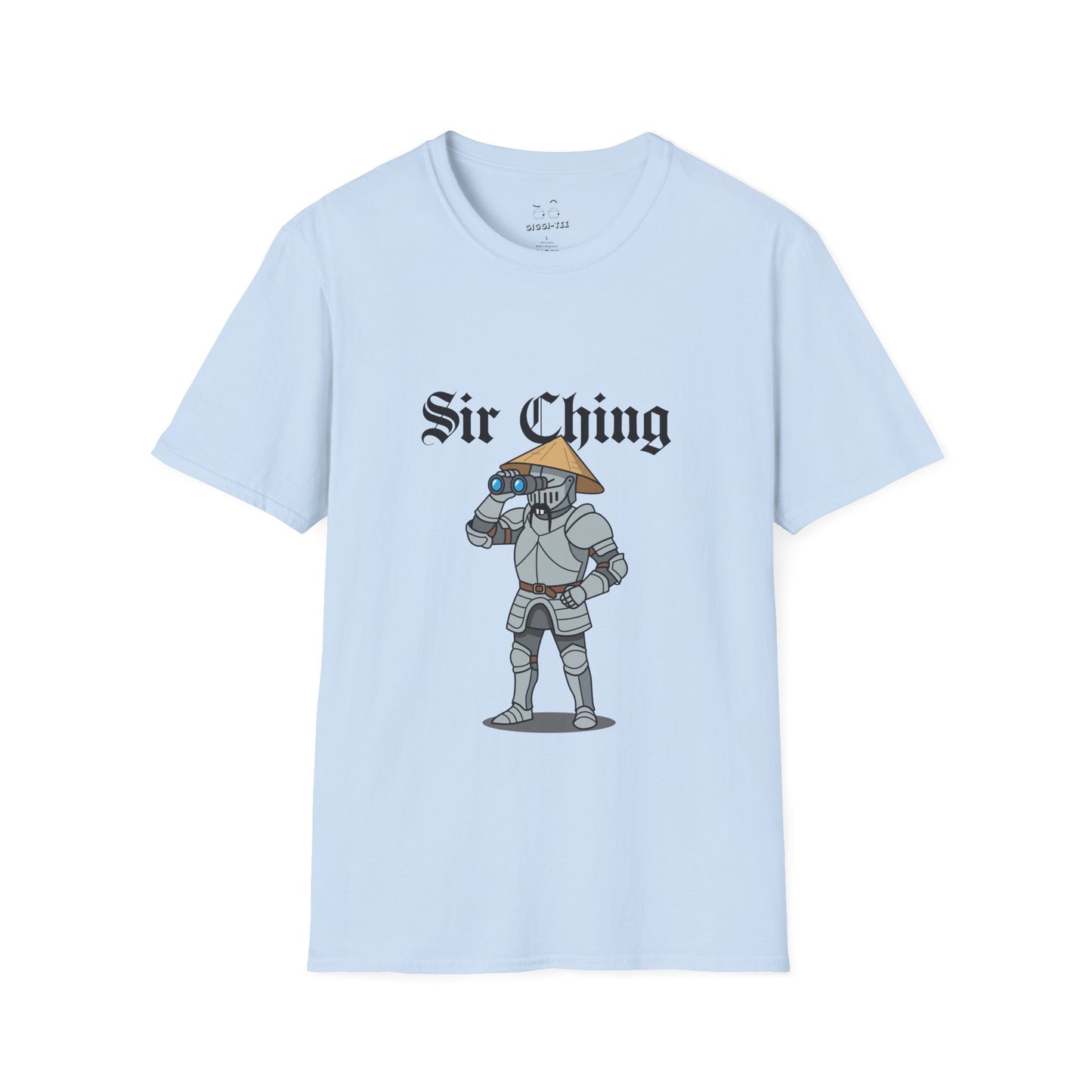 Sir Ching funny knight graphic shirt showing a goofy Asian-inspired medieval knight in shining armor searching with binoculars, wearing a cone hat and buck teeth.
