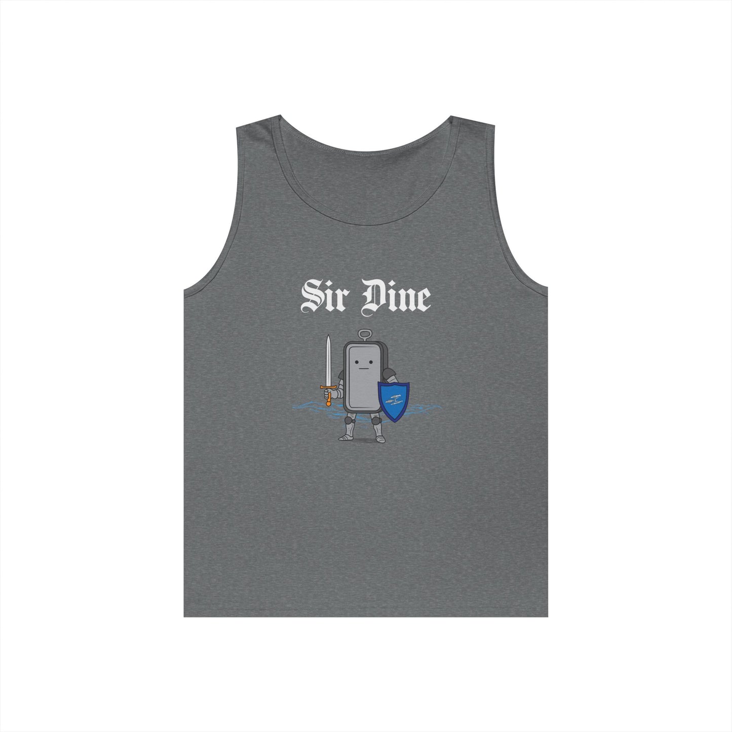 Sir Dine funny medieval tank top with armored sardine can. Clever sardine pun design.