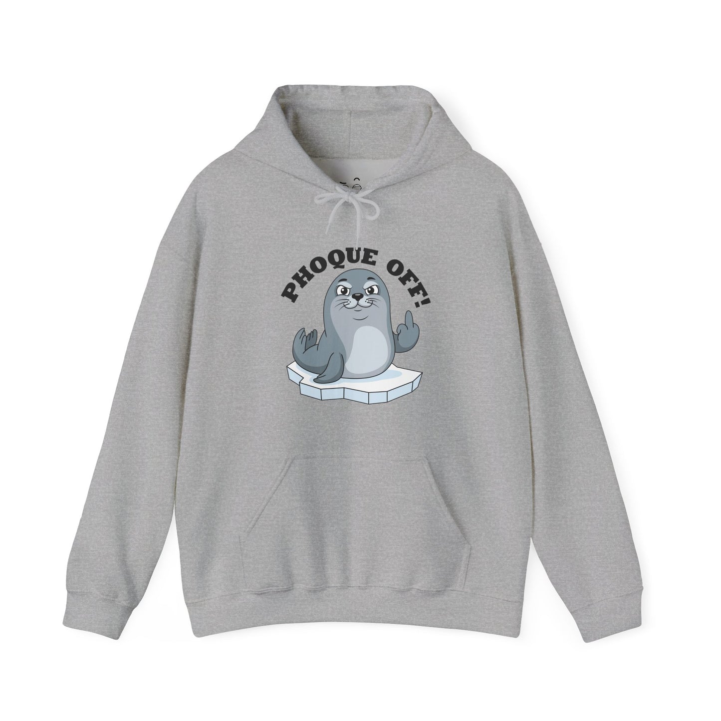 A funny seal wearing a "Phoque Off" design while giving the middle finger on a humorous pun hoodie.