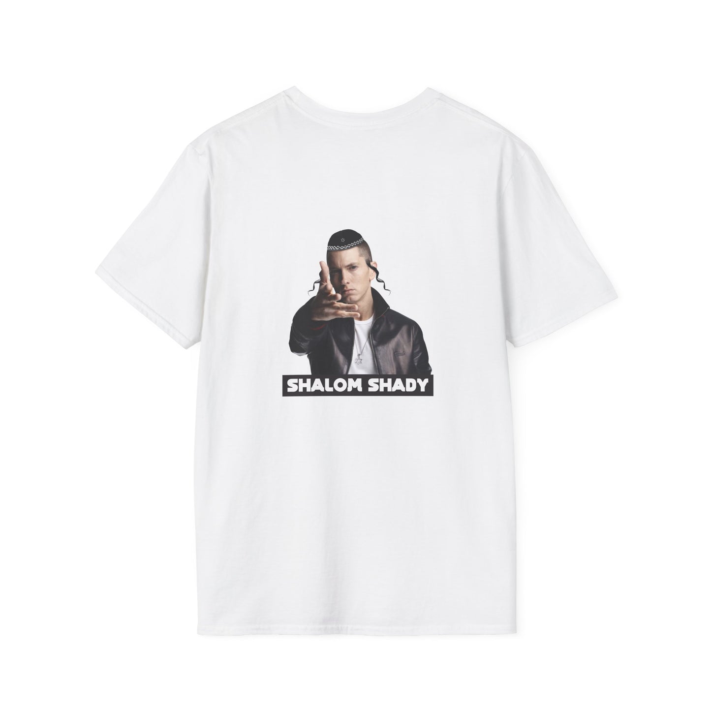 back print shirt of Eminem parody titled “Shalom Shady,” featuring Slim Shady wearing a kippa, payot, and a Star of David necklace.