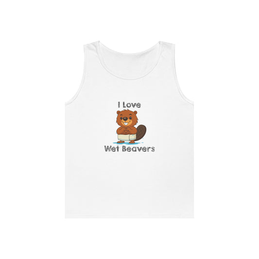 Funny beaver cartoon wearing a towel and dripping water, making a heart shape with its hands, “I Love Wet Beavers” humorous graphic design tank top