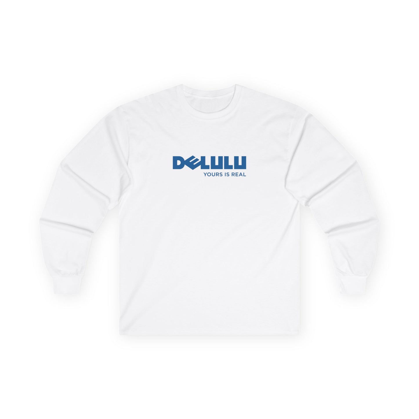 Delulu parody long sleeve t-shirt design with Dell logo transformed into the word ‘Delulu’, nerdy tech humor shirt, laptop and computer fan gift