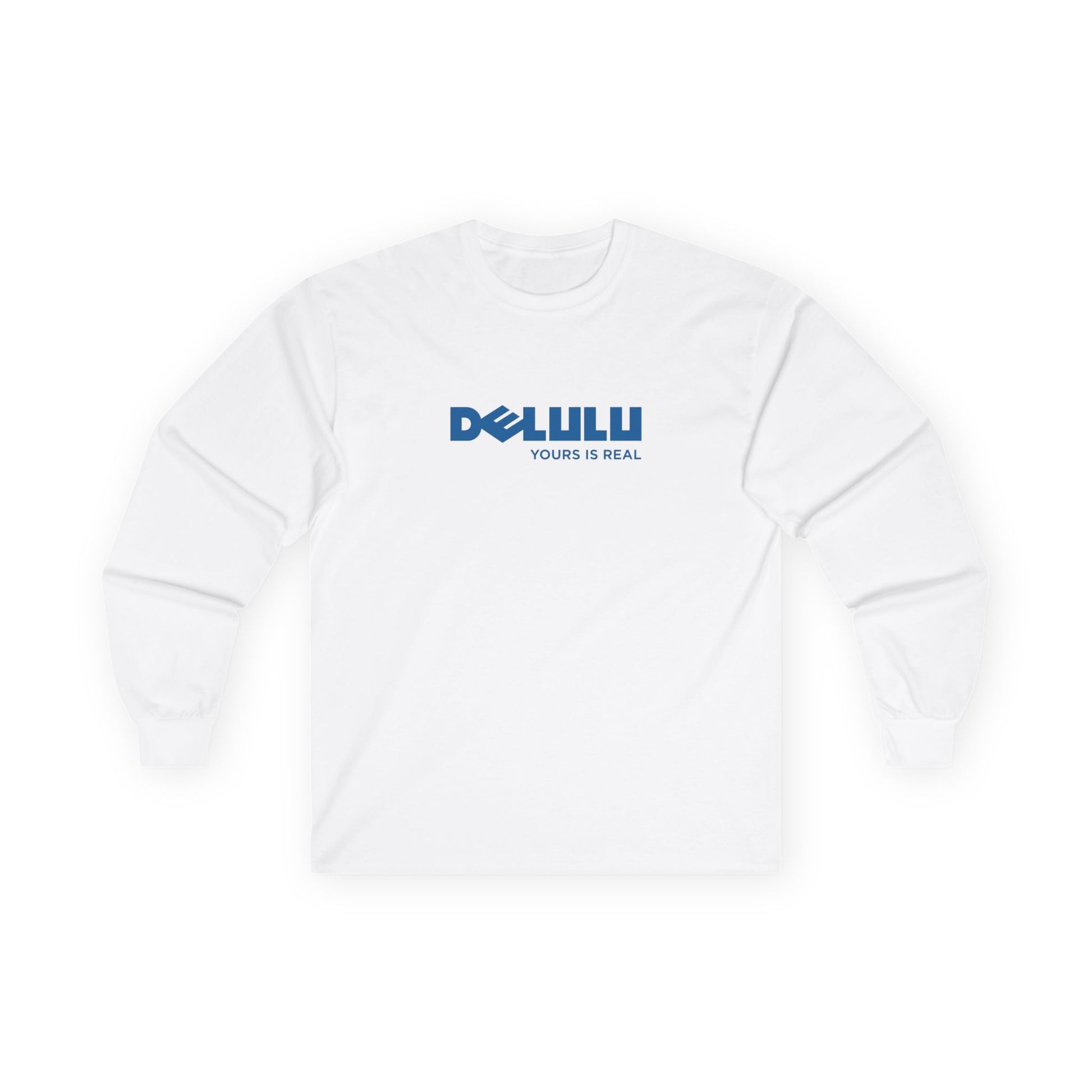 Delulu parody long sleeve t-shirt design with Dell logo transformed into the word ‘Delulu’, nerdy tech humor shirt, laptop and computer fan gift