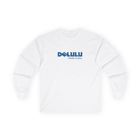 Delulu parody long sleeve t-shirt design with Dell logo transformed into the word ‘Delulu’, nerdy tech humor shirt, laptop and computer fan gift