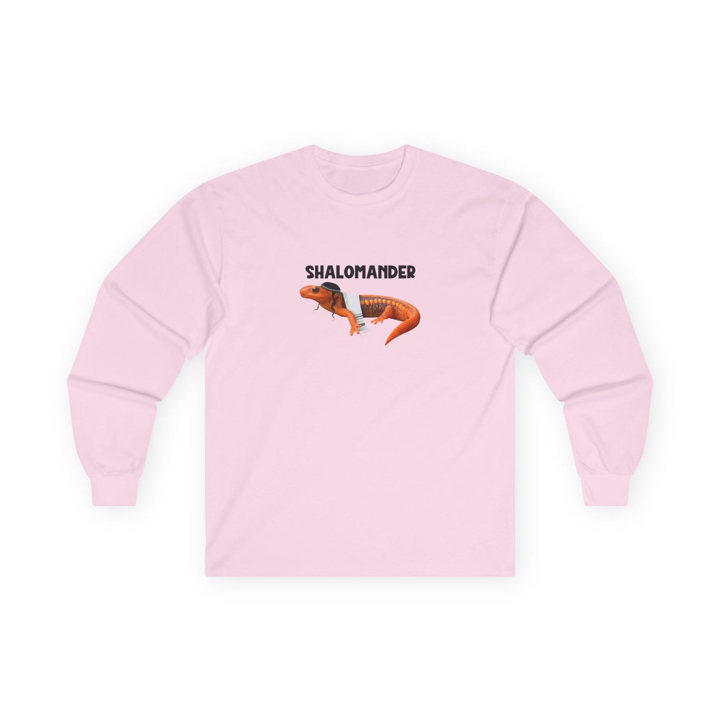 Shalomander: Funny Jewish pun long sleeve shirt featuring a salamander wearing a tallit prayer shawl, kippah, and payot.