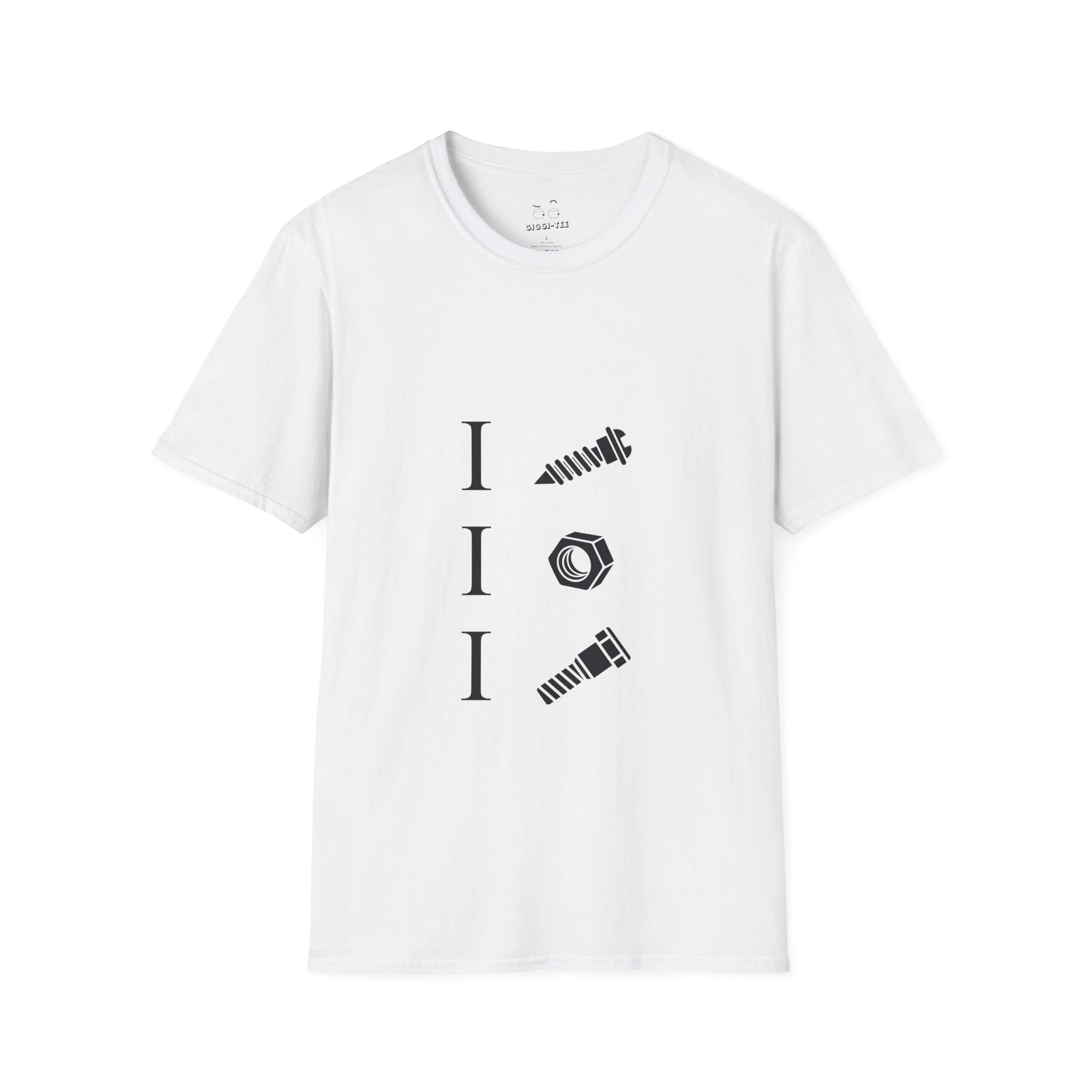 White t-shirt with icons of a screw, nut, and bolt alongside text ‘I Screw I Nut I Bolt,’ pun design.