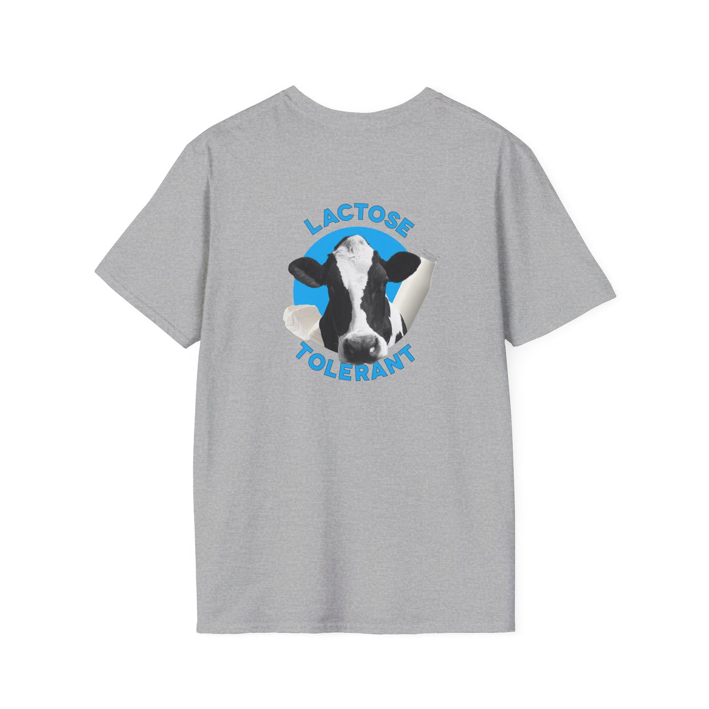 Lactose Tolerant t-shirt featuring cow illustration with milk bottle and cheese, funny dairy lover shirt for men and women.