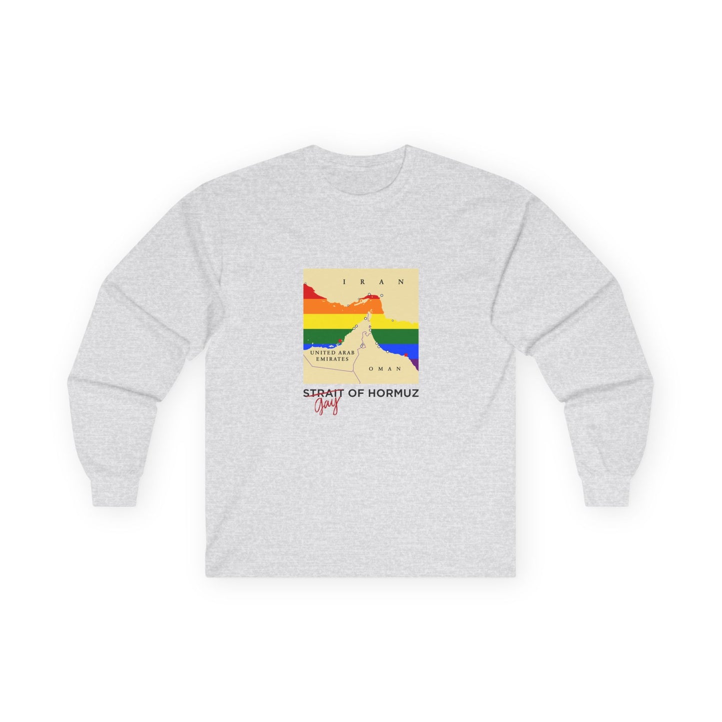 Funny long sleeve shirt with minimalist vector map of the Strait of Hormuz, Gay of Hormuz with a rainbow Pride flag filling the water between landmasses.