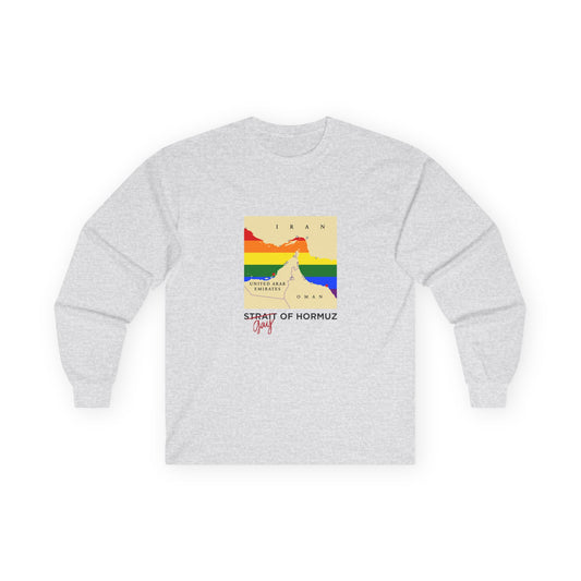 Funny long sleeve shirt with minimalist vector map of the Strait of Hormuz, Gay of Hormuz with a rainbow Pride flag filling the water between landmasses.