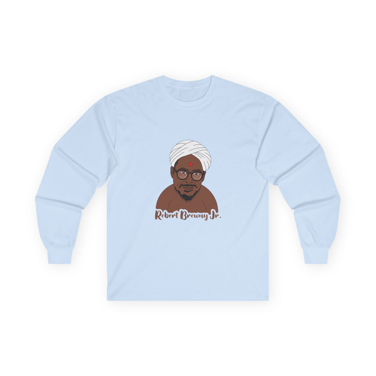Parody shirt design featuring a comic illustration of Robert Downey Jr. as an Indian man wearing a white turban and bindi, with the text 'Robert Browny Jr.' underneath.