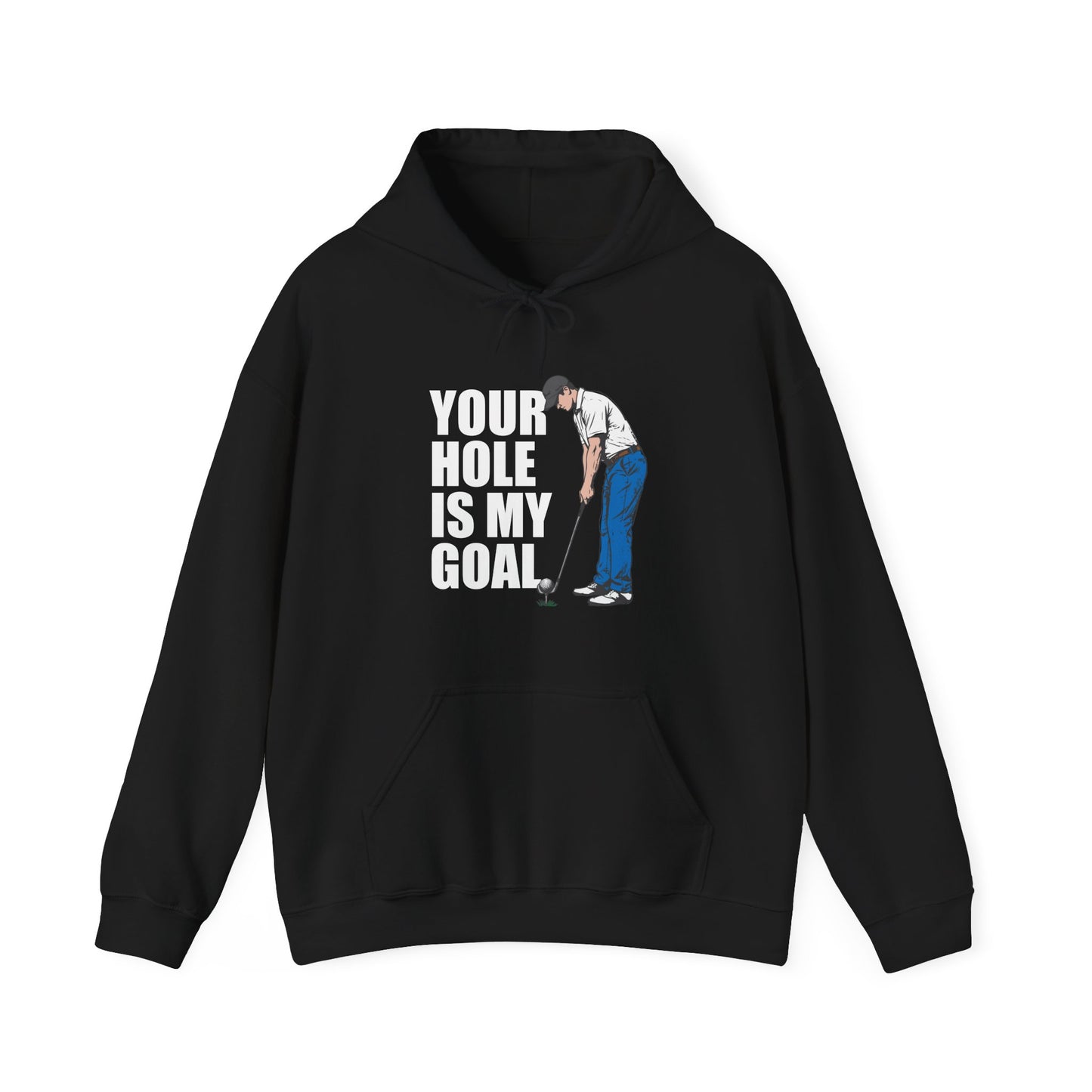 Funny golf design featuring a golfer with a golf club and ball on the pin, with the text “Your Hole Is My Goal.”
