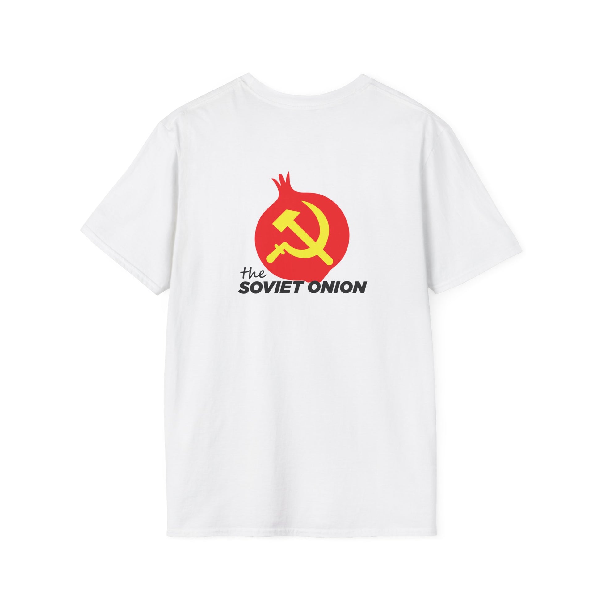 Back print t-shirt with onion styled in Soviet theme, humorous philomena cunk parody design.