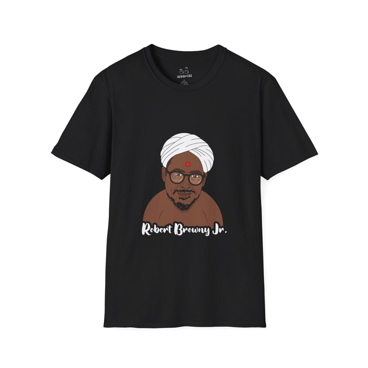 Parody shirt design featuring a comic illustration of Robert Downey Jr. as an Indian man wearing a white turban and bindi, with the text 'Robert Browny Jr.' underneath.