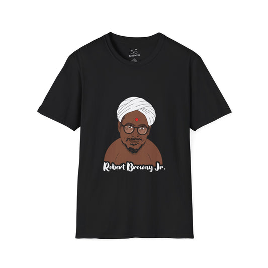 Parody shirt design featuring a comic illustration of Robert Downey Jr. as an Indian man wearing a white turban and bindi, with the text 'Robert Browny Jr.' underneath.